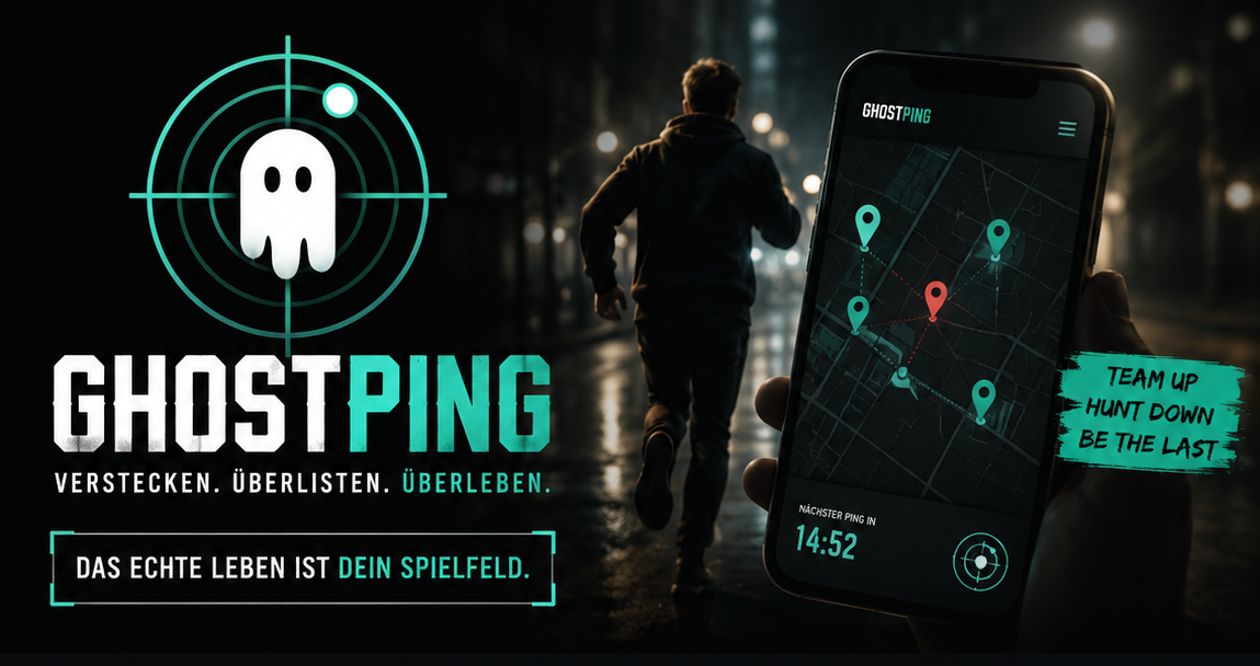 GhostPing — Verstecken. Überlisten. Überleben. Ein Runner läuft durch die nächtliche Stadt, verfolgt auf der Live-Karte per GhostPing.